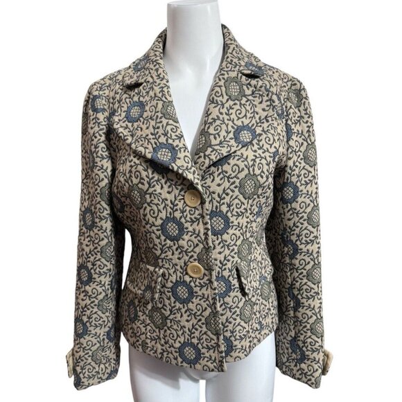 Ann Taylor Loft Wool Blend Knit Blazer Jacket Blue Beige Medallion Size 6 - Picture 1 of 9